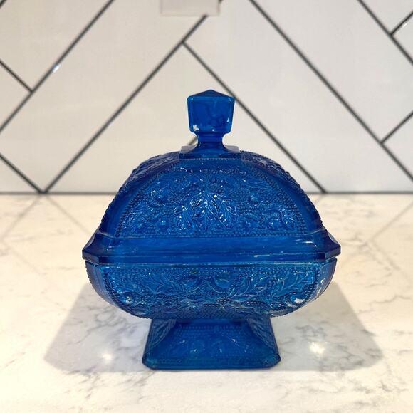 Vintage Jeanette Pressed Glass Footed Candy Dish Acorn Oak Leaf trinket dish - Picture 1 of 12